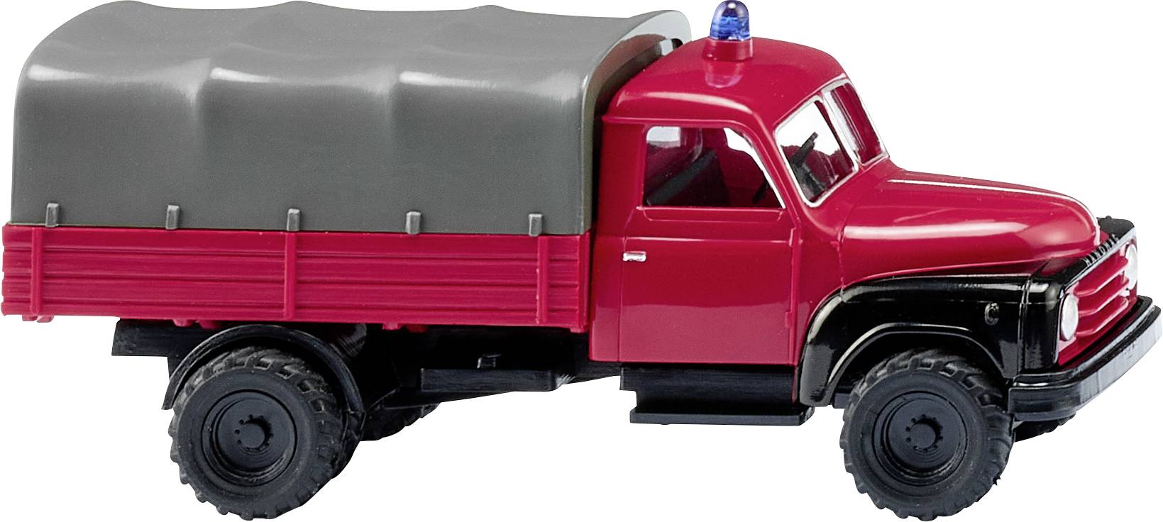 Hračkársky nákladný automobil v červenej farbe s šedou plachtou a modrým výstražným svetlom. Model zobrazuje klasický dizajn s robustnými kolesami.