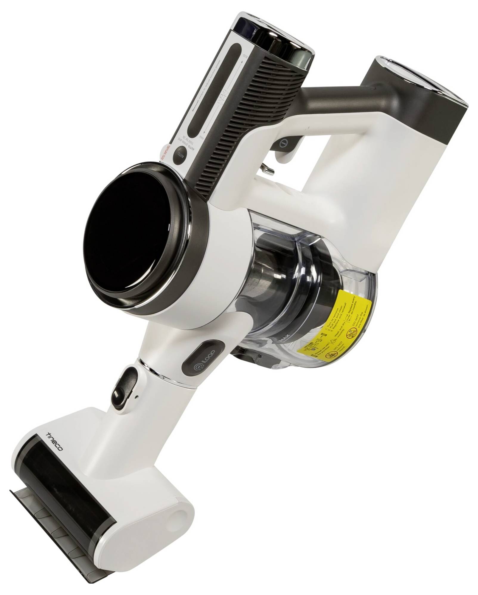 Biely bezdrôtový vysávač z bočnej perspektívy, s ergonomickou rukoväťou a priehľadnou zbernou nádobou na prach.