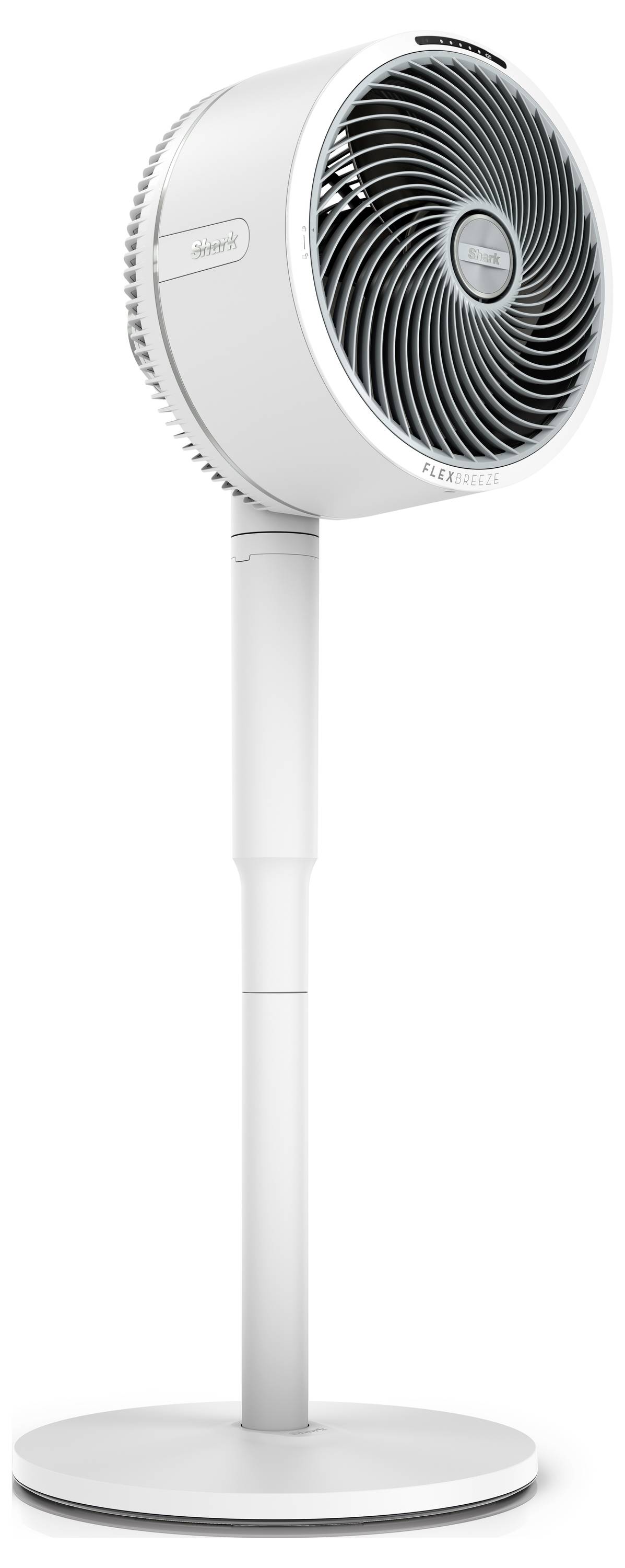 Moderný, biely stojanový ventilátor s okrúhlou, otočnou hlavou a stabilnou základňou. Ideálny pre vetranie miestnosti.