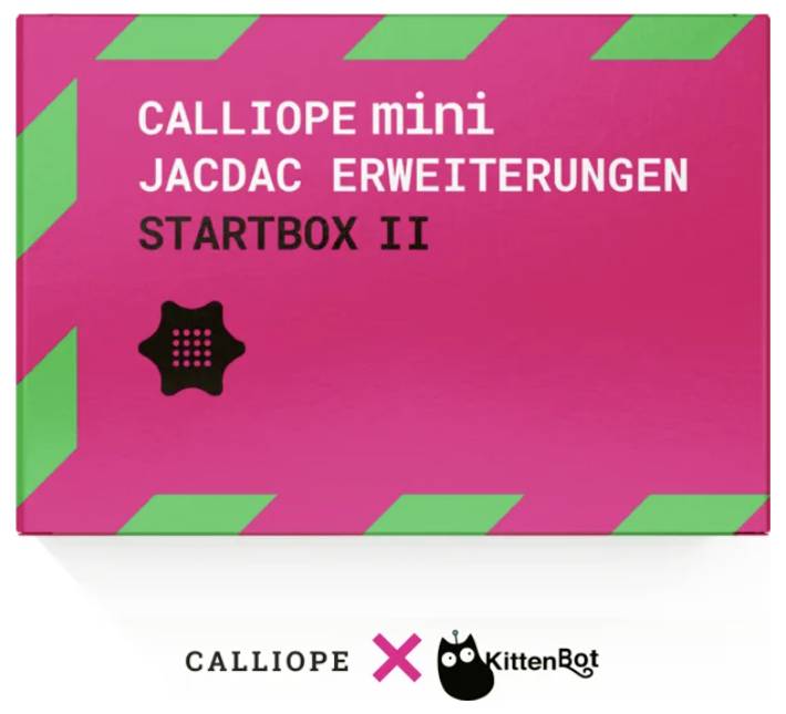 Balenie 'Calliope mini JACDAC rozšírení Startbox II'. Obsahuje logá Calliope a KittenBot dole.