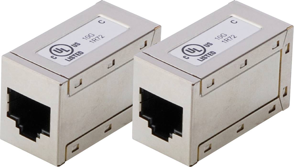 Dva strieborné sieťové RJ45-Cat6a konektory vedľa seba, vhodné pre sieťové pripojenia; s UL logom a špecifikáciami.