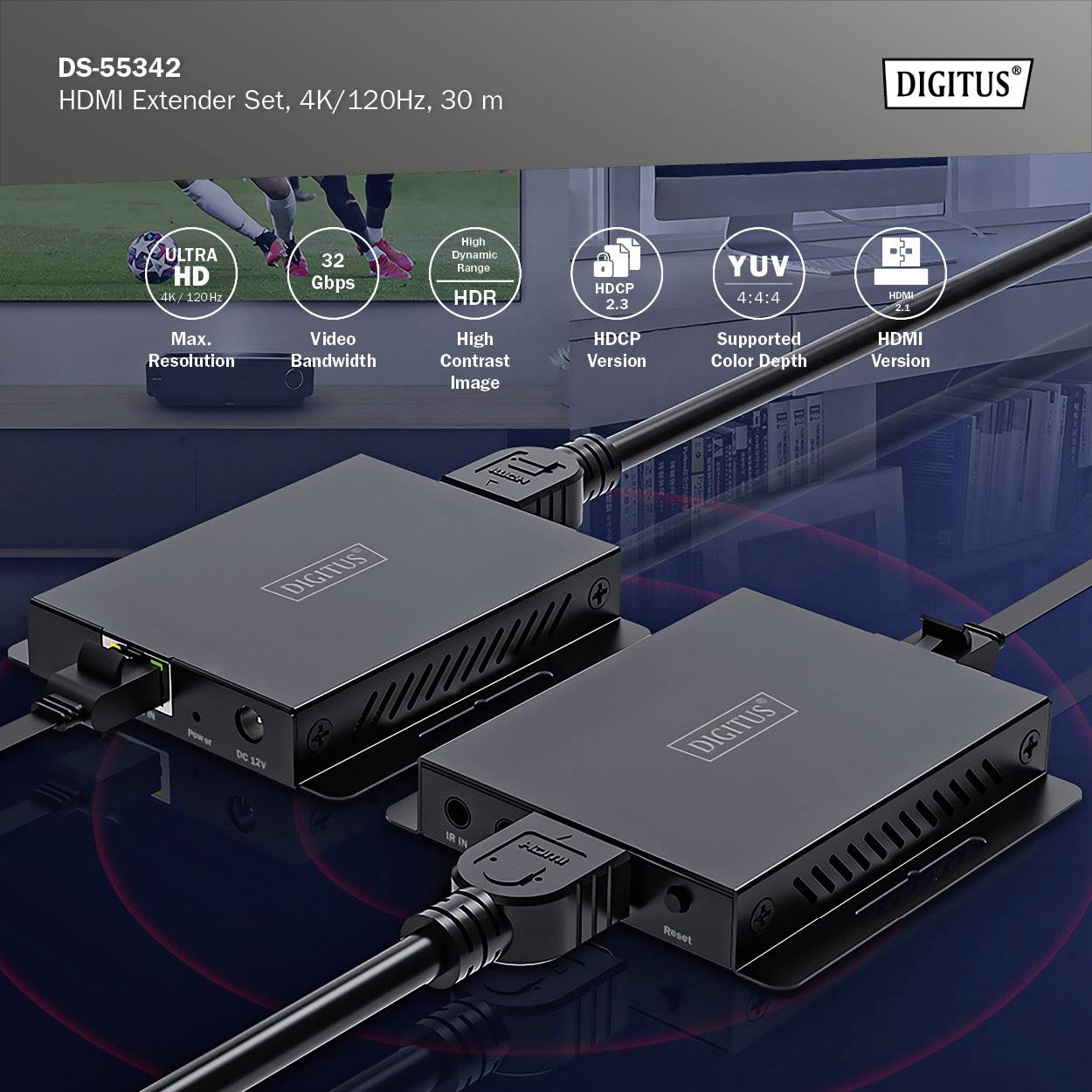 HDMI Predlžovacia súprava: Dva čierne zariadenia s káblovými pripojeniami. Text v ľavom hornom rohu obsahuje technické špecifikácie ako 4K, 120 Hz.