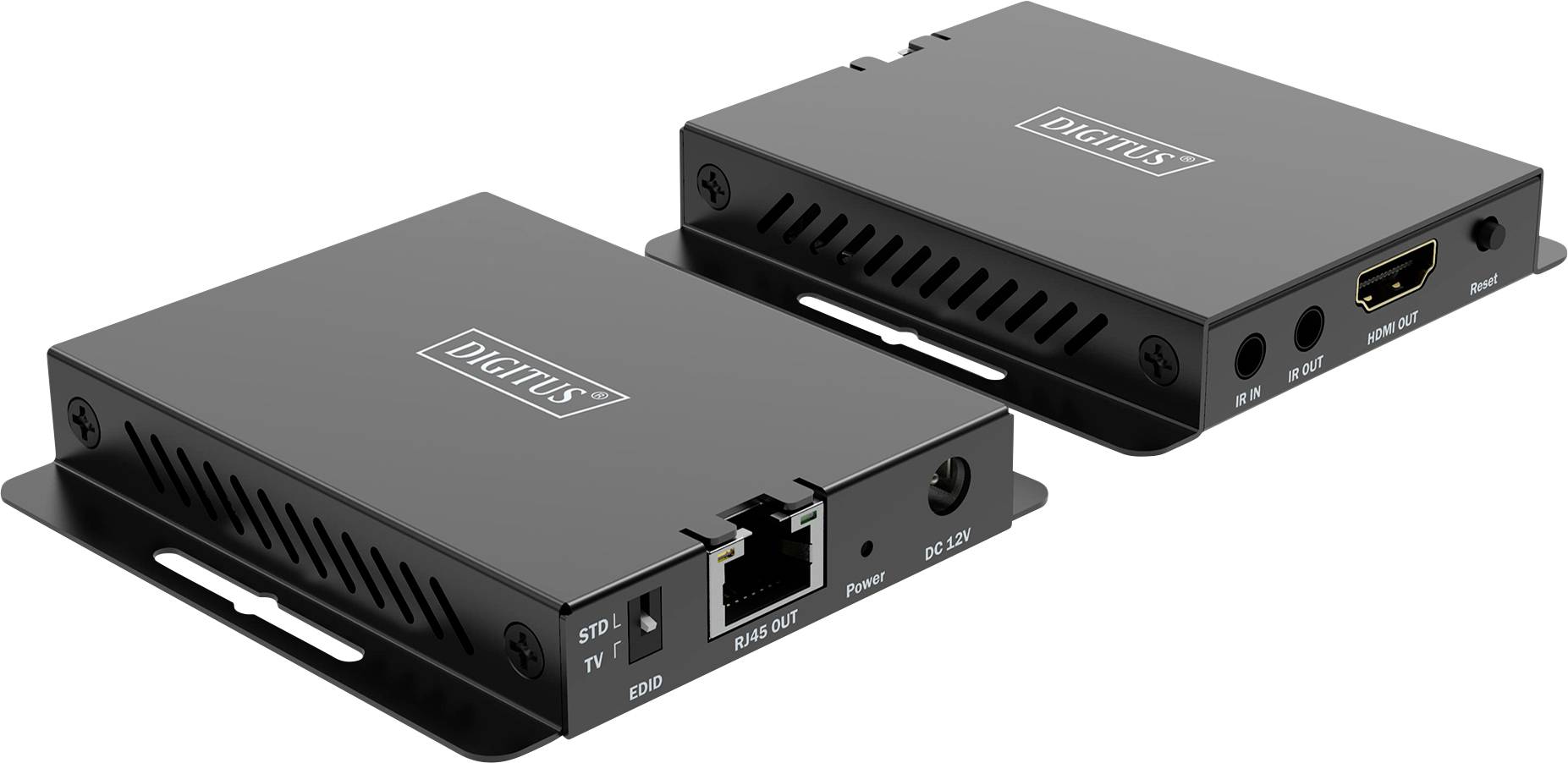Sada HDMI predlžovača pozostávajúca z vysielača a prijímača, určená na predĺženie HDMI signálov cez ethernetové pripojenie.