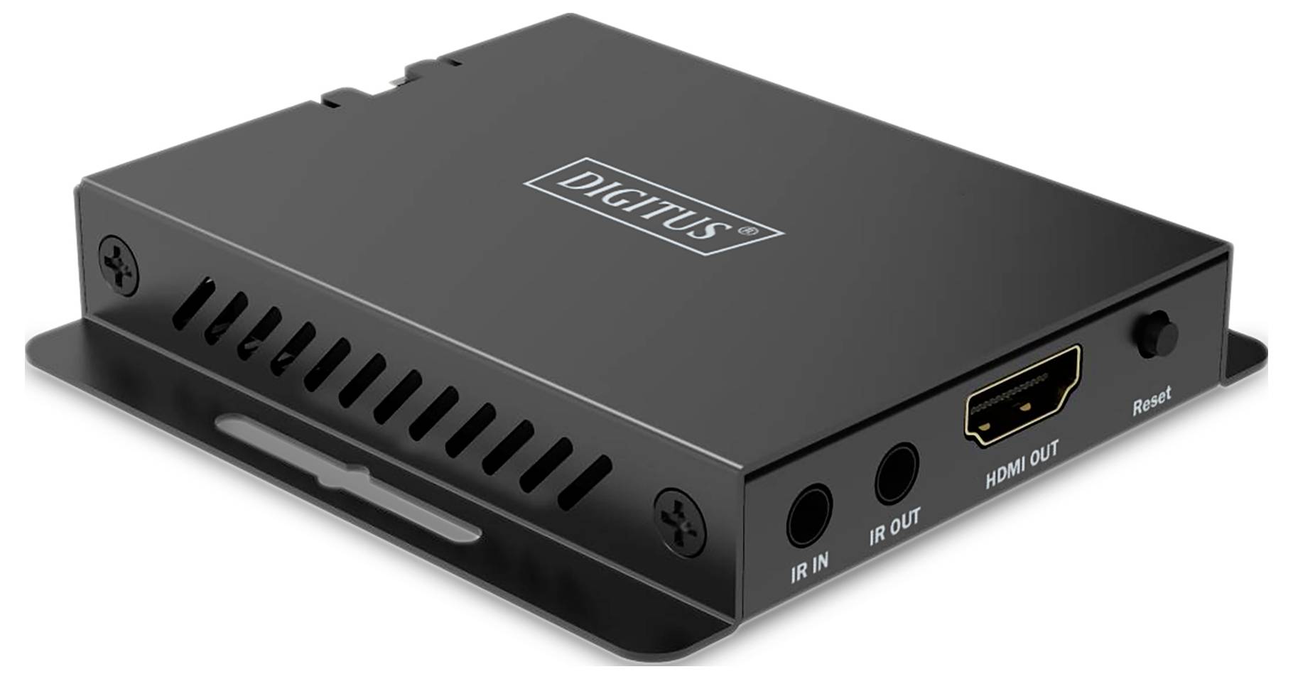 Čierny HDMI splitter od Digitus s IR vstupom, IR výstupom a HDMI výstupom, vrátane resetovacieho tlačidla, položený na stole.