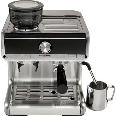 Strieborný espresso kávovar s nádobou na kávové zrná a parnou tryskou; pripravuje kávové nápoje.
