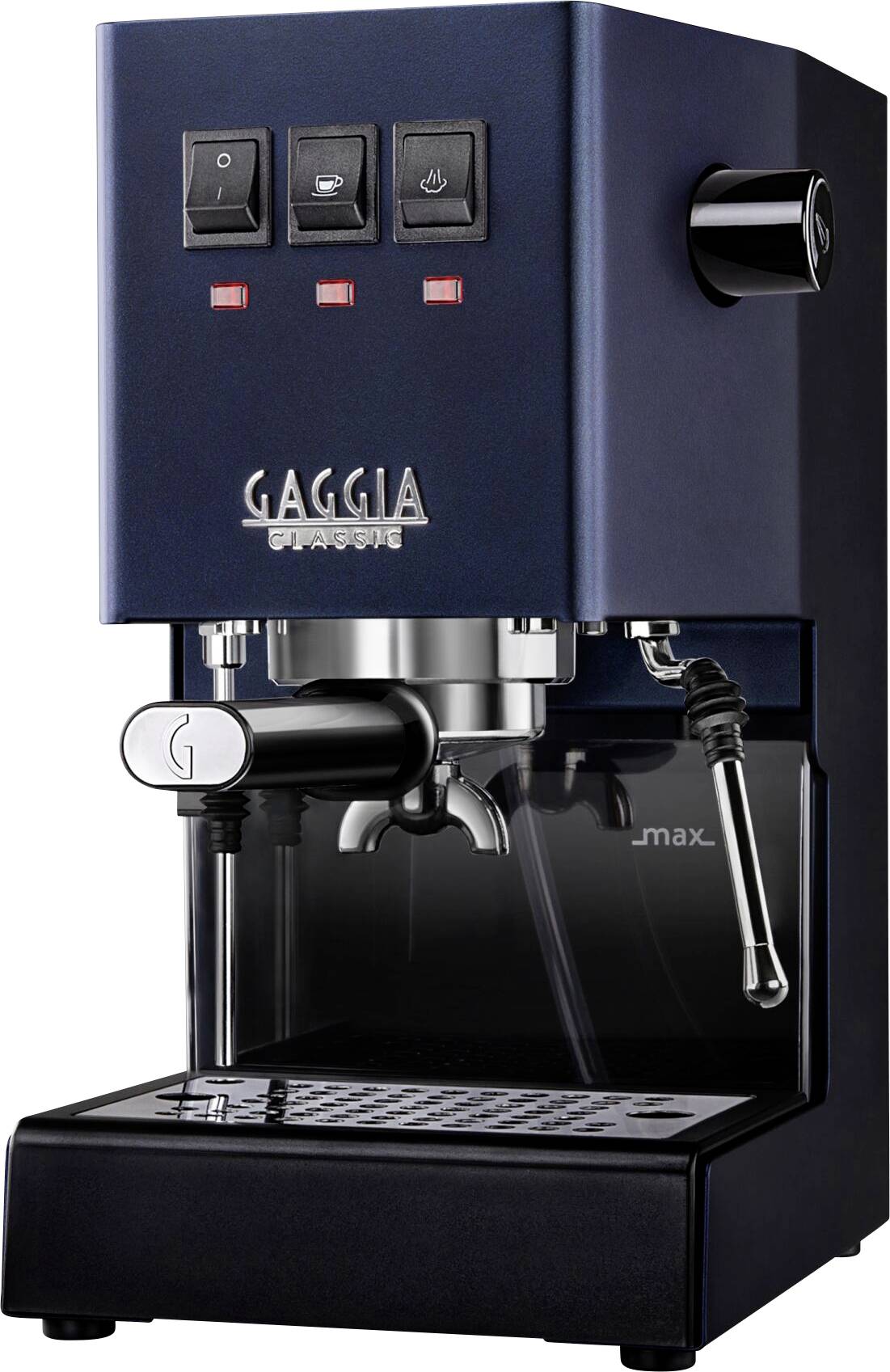 Espresso kávovar s čiernym krytom, tlačidlami na nastavenie a parnou tryskou. Na prednej strane označenie 'Gaggia Classic'.
