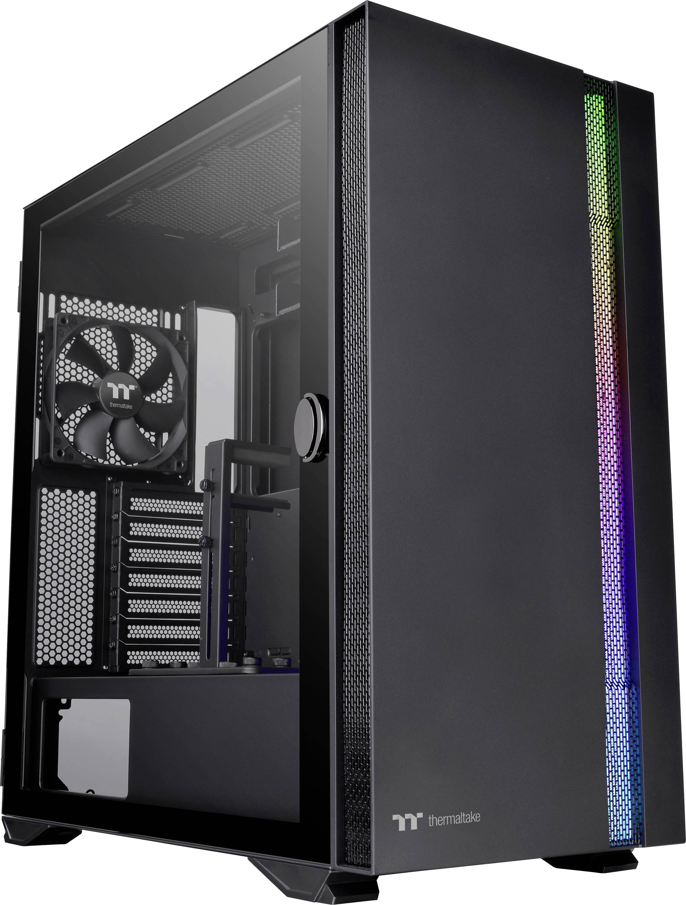 Čierna počítačová skrinka s priehľadným bočným panelom a RGB podsvietením na prednej strane. Označená logom 'Thermaltake'.