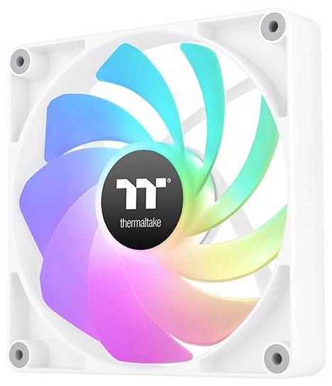 Biely počítačový ventilátor s farebnými LED svetlami v špirálovitom vzore a logom 'thermaltake' v strede.