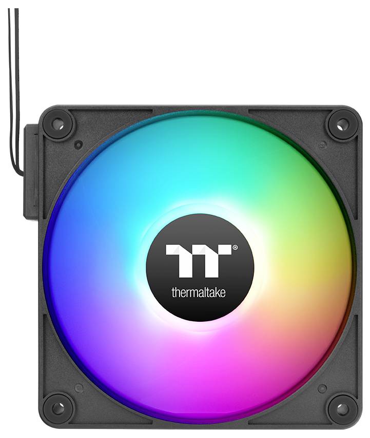 Počítačový ventilátor s RGB podsvietením, ktorý svieti v rôznych farbách. Logo Thermaltake sa nachádza uprostred.