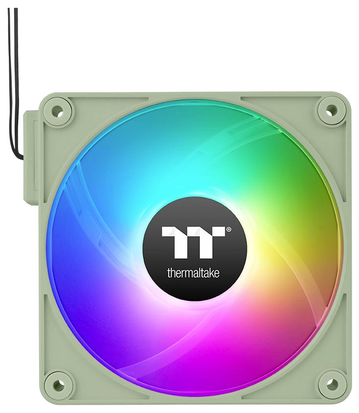 Termický ventilátor Thermaltake s RGB podsvietením, ktorý zobrazuje pestrofarebné svetlá a logo v strede.