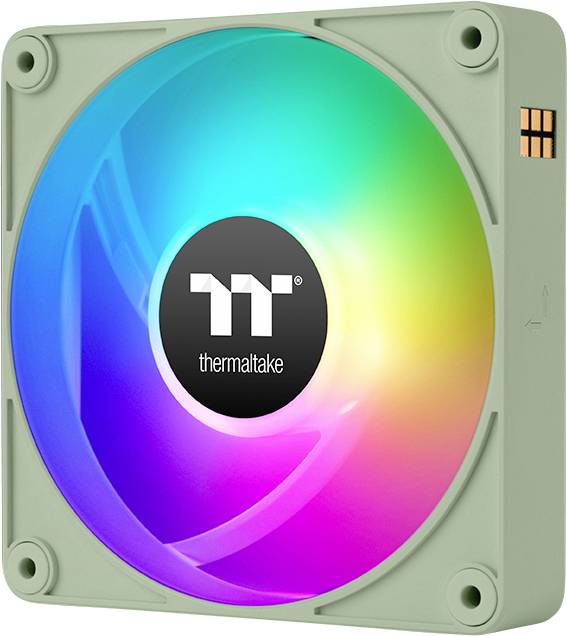 Počítačový ventilátor s farebnými RGB svetlami a gravírovaným logom 'Thermaltake' uprostred.