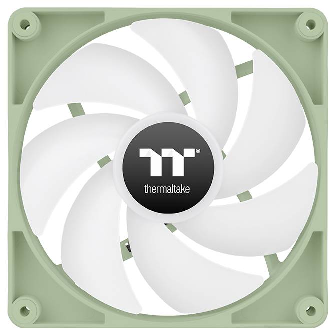 Zelený chladiaci ventilátor Thermaltake s bielymi lopatkami, určený na chladenie počítača. Logo je umiestnené v strede ventilátora.