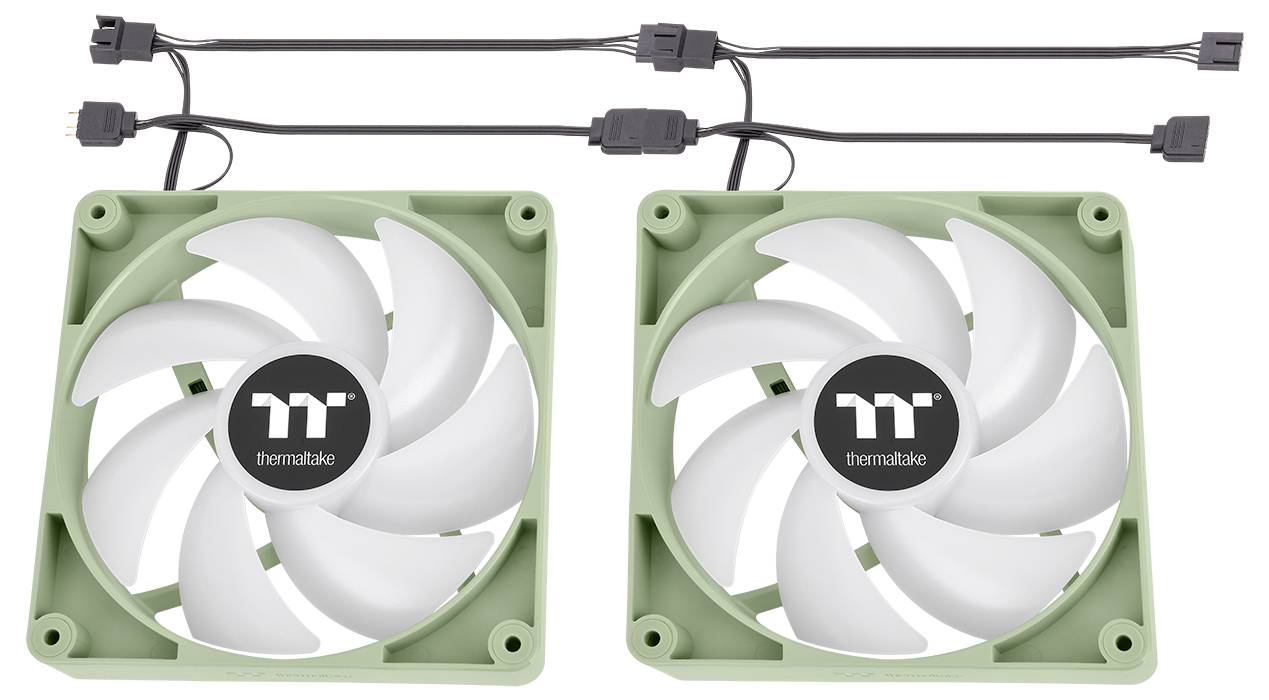 Dva zelené počítačové chladiace ventilátory s bielymi lopatkami a logom "Thermaltake". Dopĺňané kábly s konektormi napájania.
