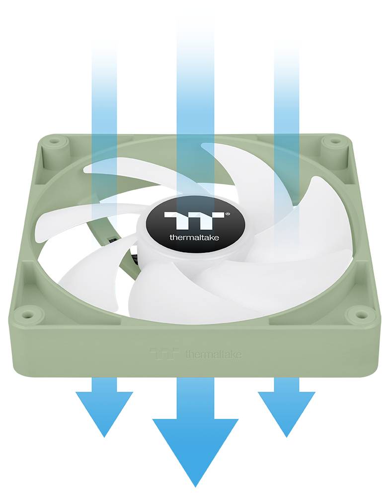 Štvorcový chladiaci ventilátor v zelenej ráme s bielymi lopatkami, šípky ukazujúce smer prietoku vzduchu zhora dole cez ventilátor.