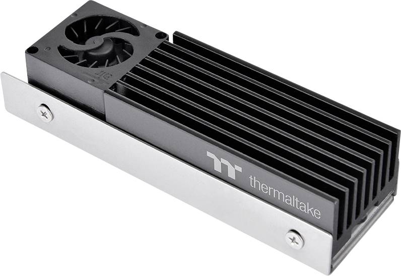 Čierny chladič s integrovaným ventilátorom a logom 'thermaltake', navrhnutý na chladenie počítačových komponentov.