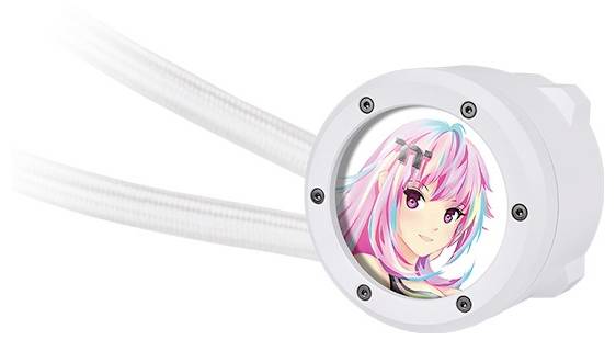 Biela jednotka CPU chladiča s farebnému anime charakterom na kryte. Dva hadice vedú pod uhlom preč.