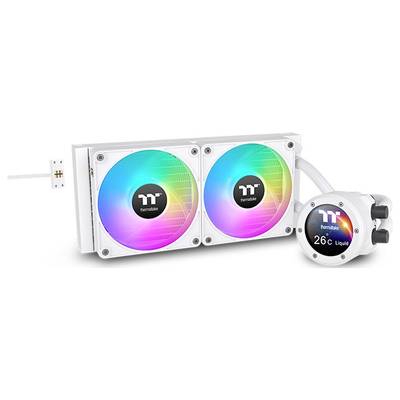 Dva RGB osvetlené počítačové ventilátory so logom Thermaltake, prepojené s okrúhlou bielou ovládacou jednotkou, ktorá zobrazuje '26C Liquid'.