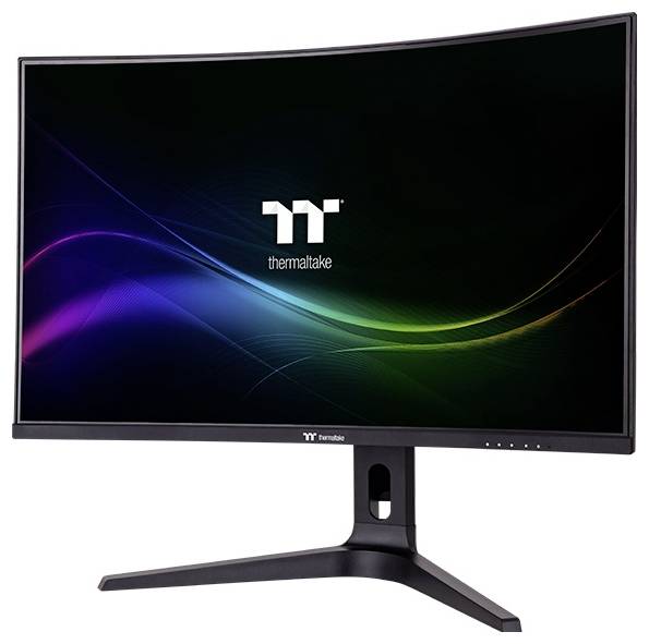 Zakrivený počítačový monitor s logom 'Thermaltake' na čiernom pozadí a farebnými svetelnými vlnami.