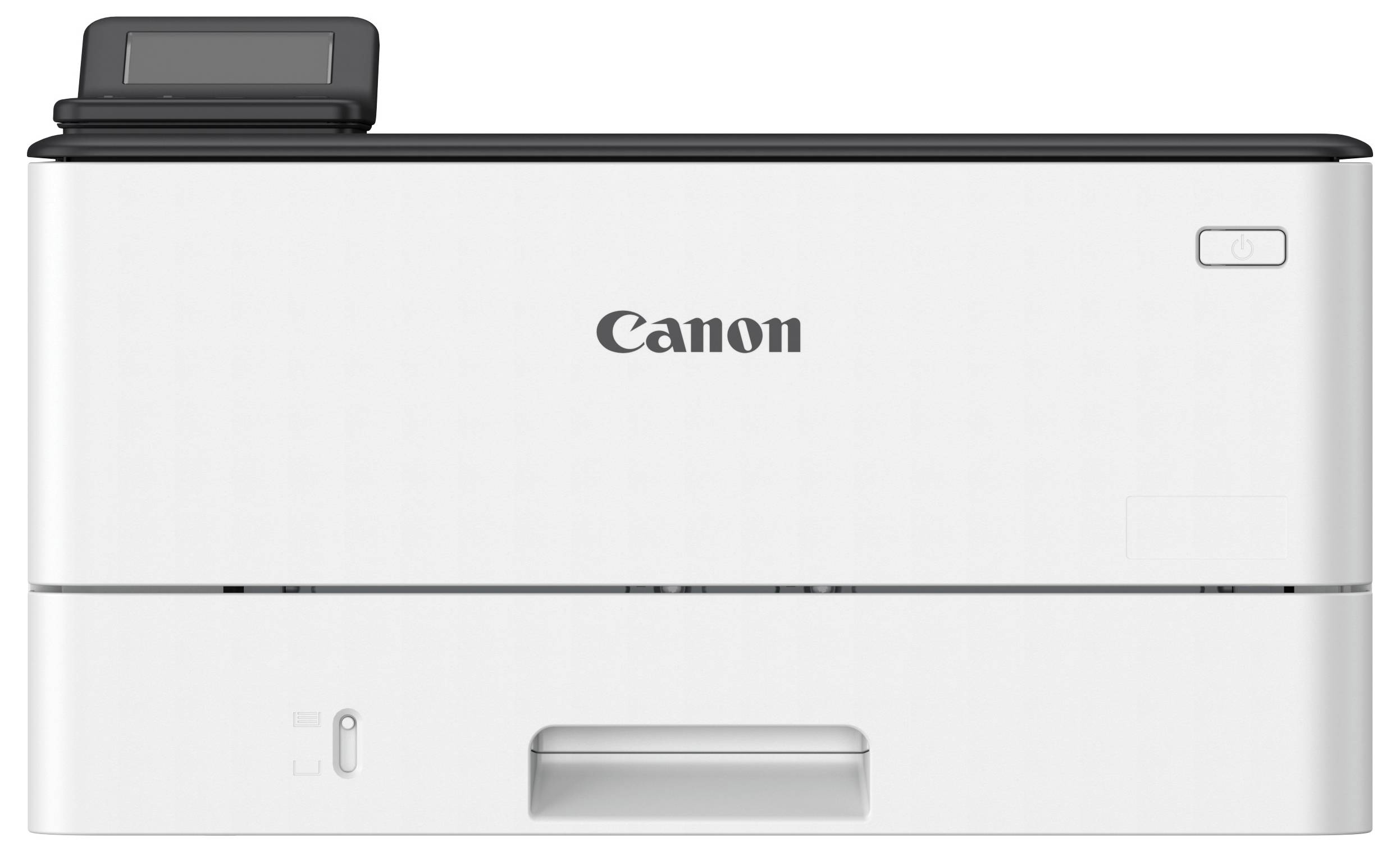 Biely tlačiar Canon s malým displejom v ľavom hornom rohu a veľkým priestorom na výstup papiera v strede dole.