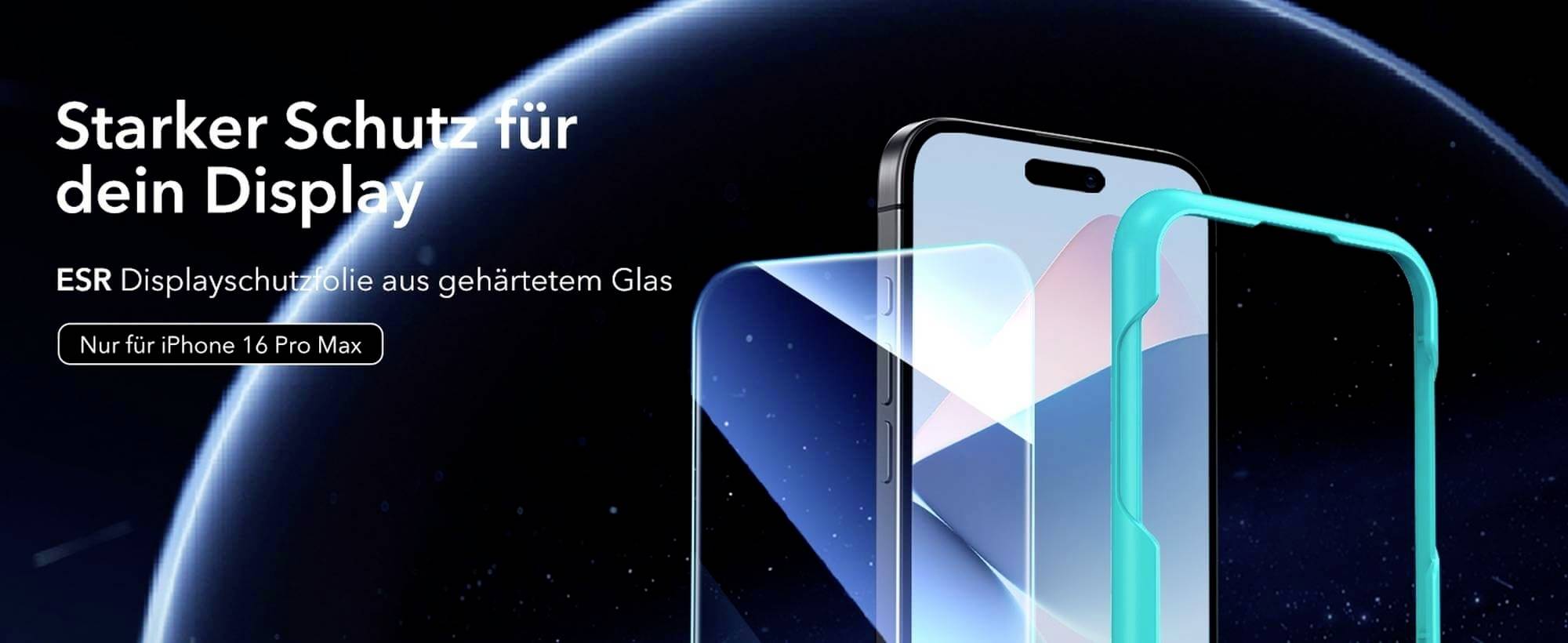 Ochranná fólia z tvrdeného skla pre iPhone 16 Pro Max, ponúka robustnú ochranu, prezentovaná pred kozmickým pozadím.