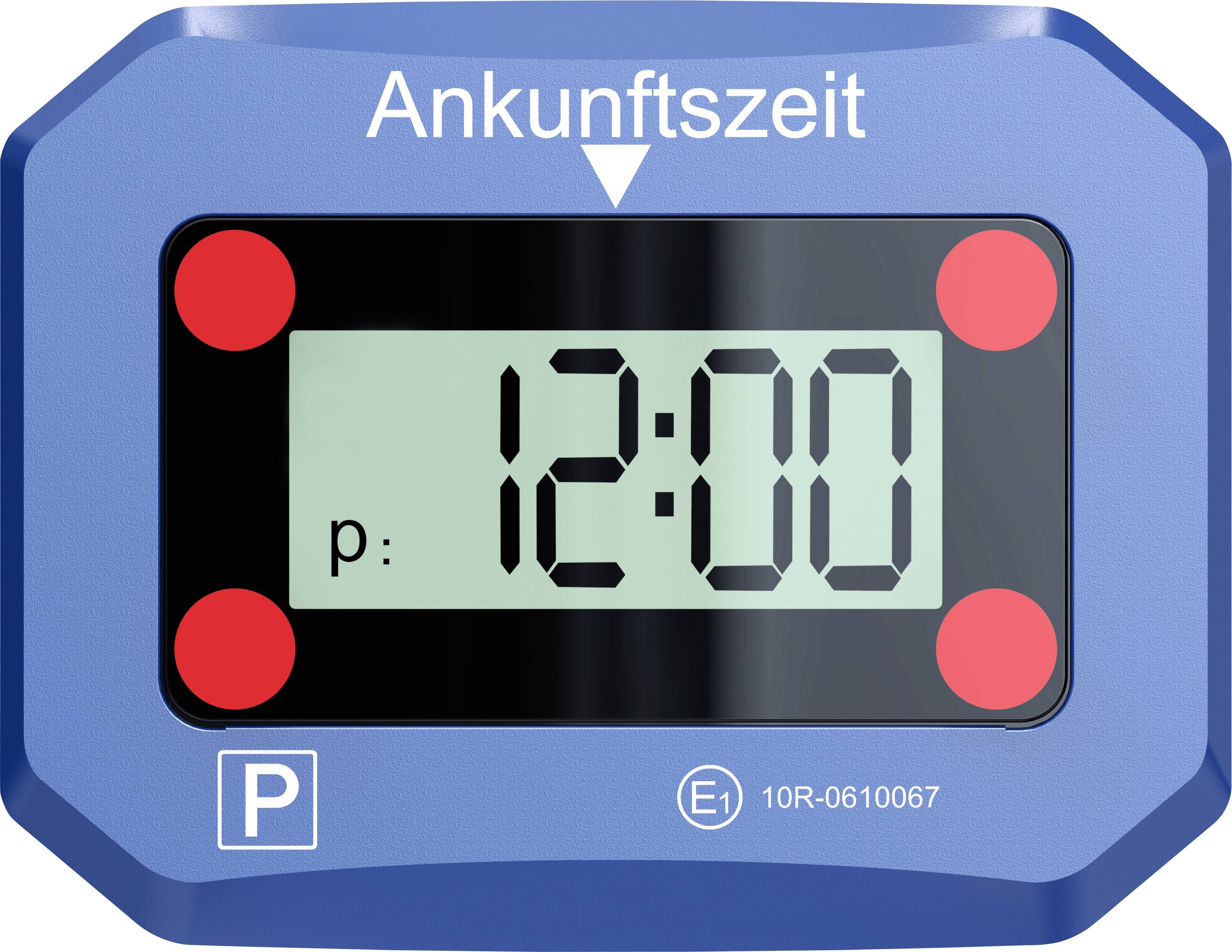Modrý parkovací kotúč s digitálnym displejom zobrazuje 'Čas príchodu' a hodiny ukazujú 12:00. Na rohoch sú viditeľné červené tlačidlá.