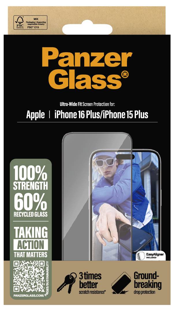 Obal ochranného skla PanzerGlass pre iPhone 16 Plus/15 Plus. Silná ochranná fólia proti poškriabaniu a rozbitiu, so zobrazenou osobou.