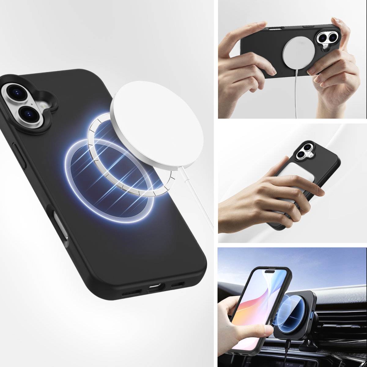 Smartfón s magnetickou nabíjacou stanicou je zobrazený z rôznych uhlov. Nabíja sa bezdrôtovo v automobile aj ručne.