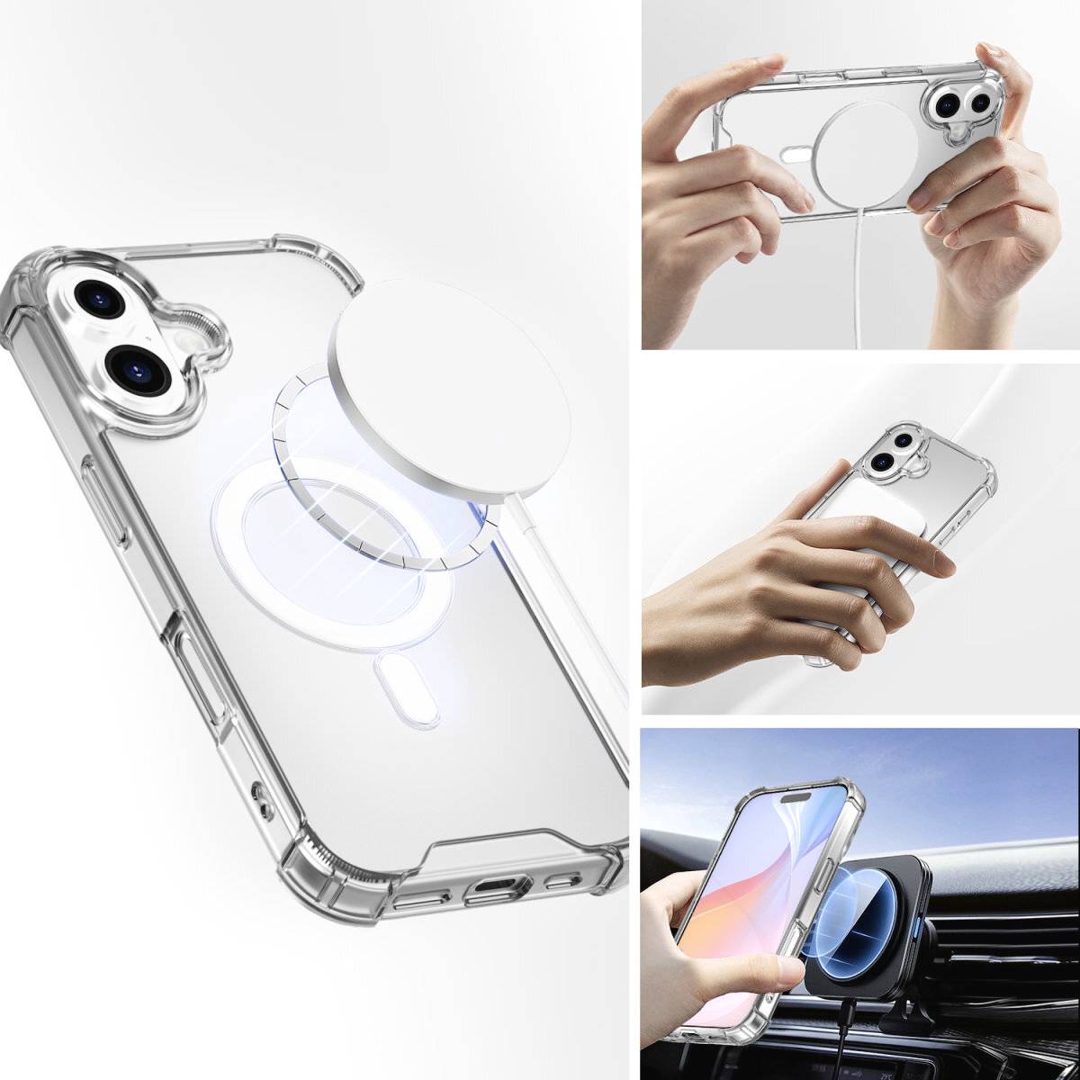 Priehľadný kryt na mobil s integrovaným magnetickým krúžkom, vhodný pre bezdrôtové nabíjanie. Ukázaný v rukách a na držiaku v aute.