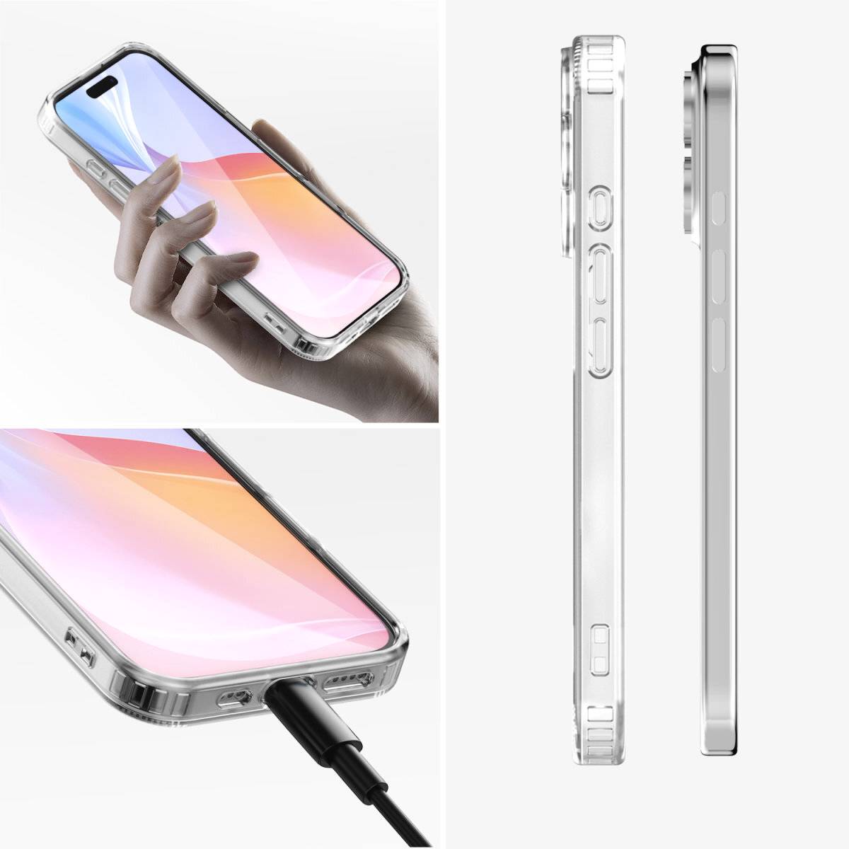 Smartfón s priehľadným krytom je zobrazený z rôznych uhlov. Je pripojený k USB káblu.