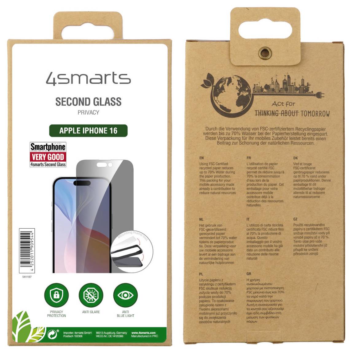 Obal ochrannej fólie na displej pre iPhone 16 od 4smarts s obrázkom produktu. Na zadnej strane obsahuje environmentálne informácie.