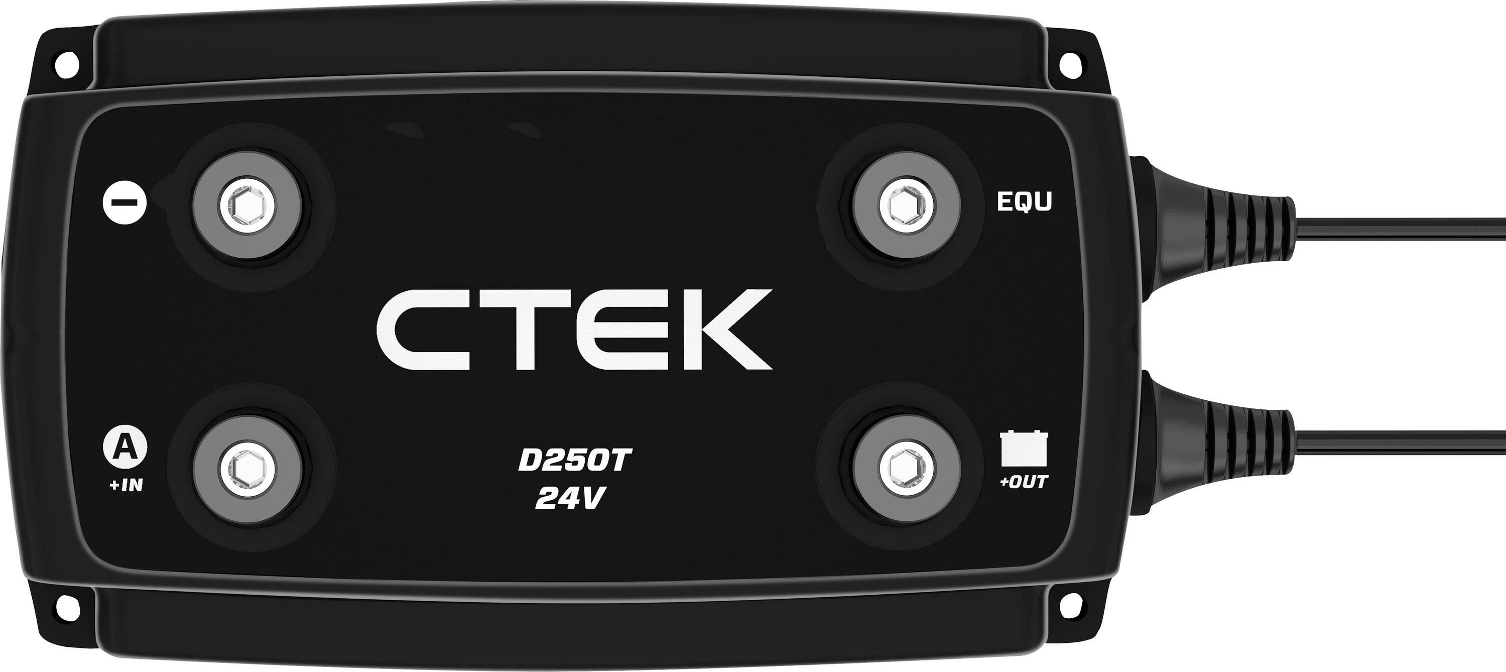 CTEK D250T 24V nabíjačka v štvorcovom tvare so štyrmi pripojeniami a dvoma káblami; vhodná na napájanie a monitorovanie energie.