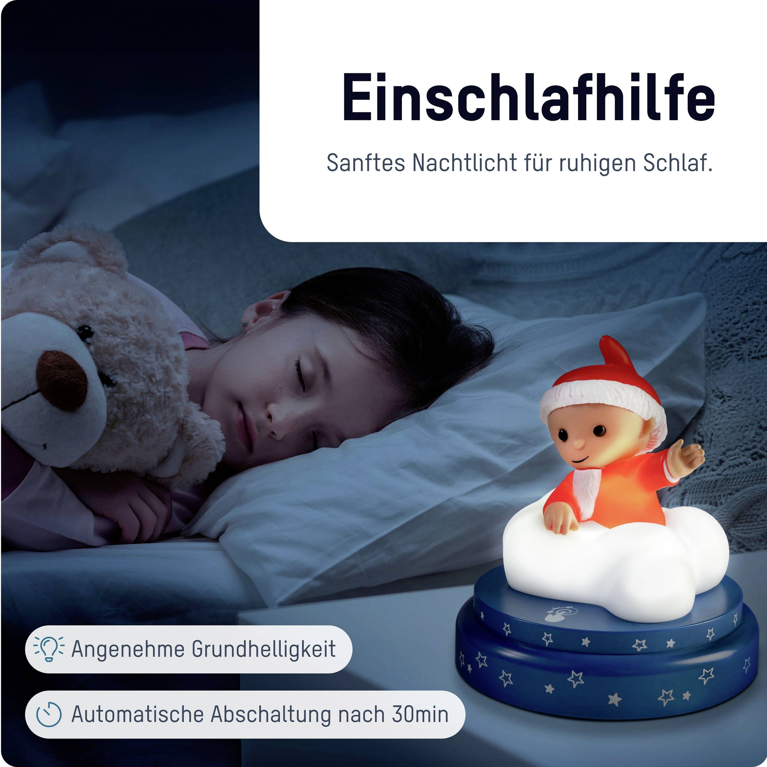 Dieťa pokojne spí v posteli, vedľa neho jemne svietiaca nočná lampa v tvare zvieratka s čiapkou. Text: 'Pomôcka na zaspávanie'.