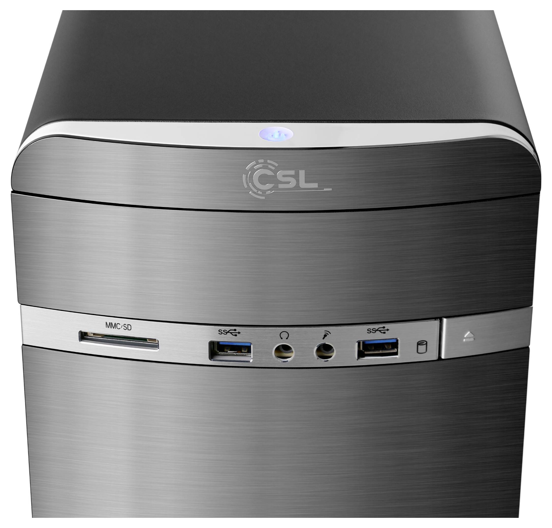 Čierny počítačový tower s USB a audio portami na prednej strane. Hore svieti modrý LED gombík.
