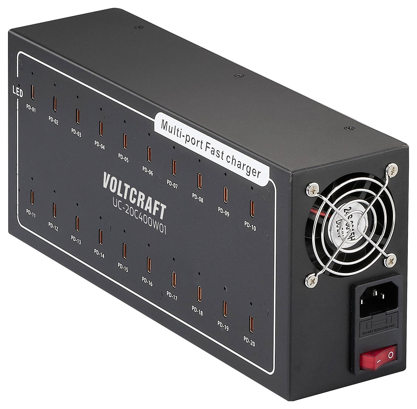 Čierna, obdĺžniková rýchnabíjačka s viacerými USB portami a ventilátorom. Typ zariadenia: 'Voltcraft UC-20C400W01'.