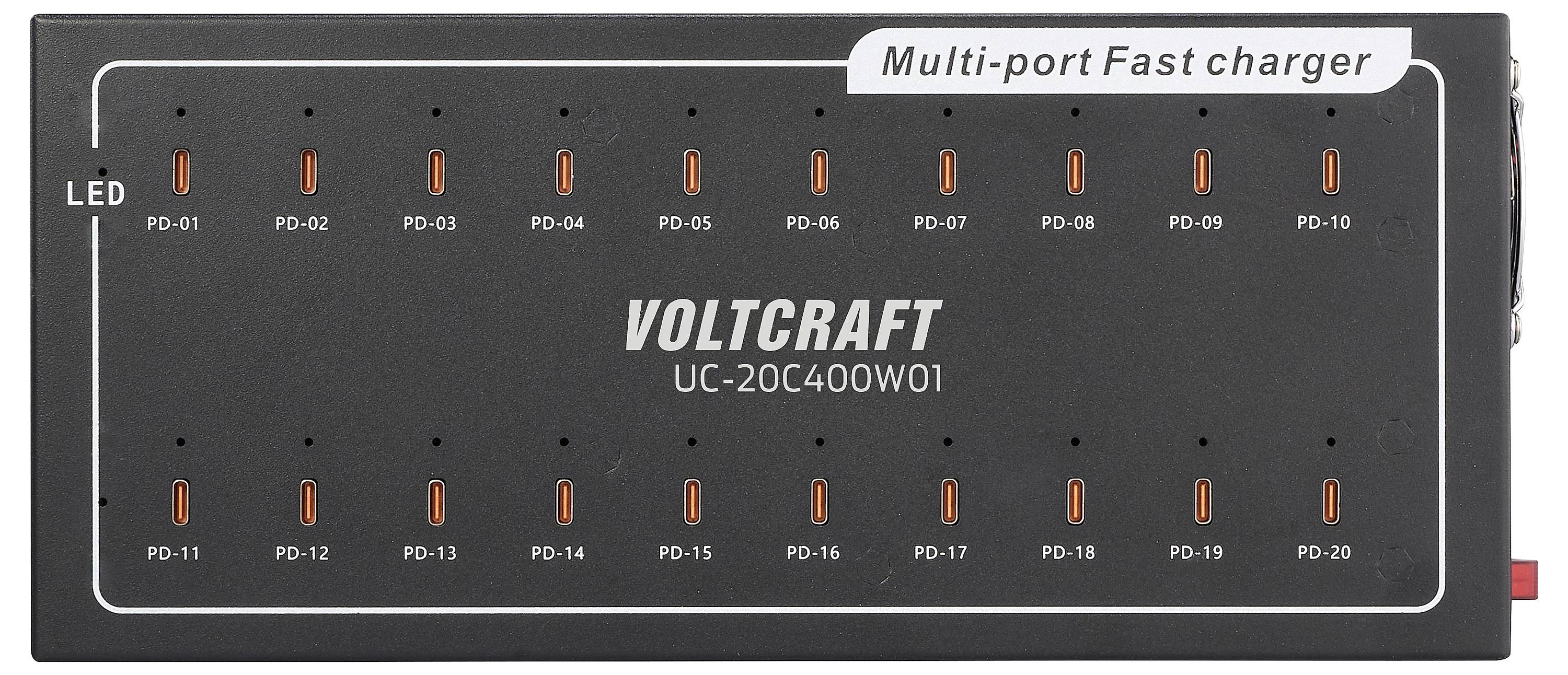 Nabíjačka s 20 USB portami, označenými od 'PD-01' po 'PD-20'. Hore je nápis 'Rýchlo nabíjací multi-port adaptér'.