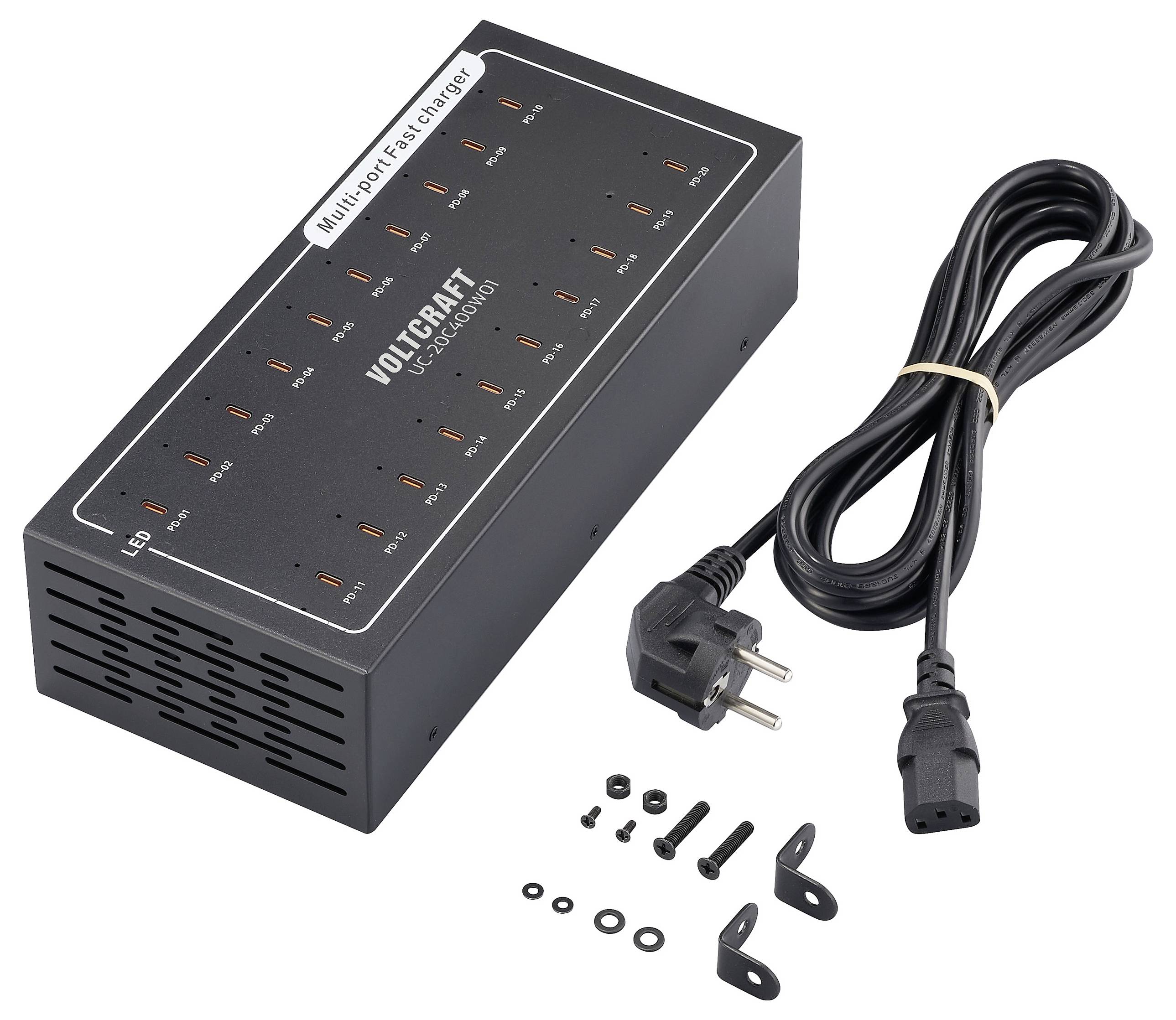 Elektrická viacnásobná nabíjačka od Voltcraft s 8 portami, LED indikátormi, priloženým sieťovým káblom a montážnym materiálom.