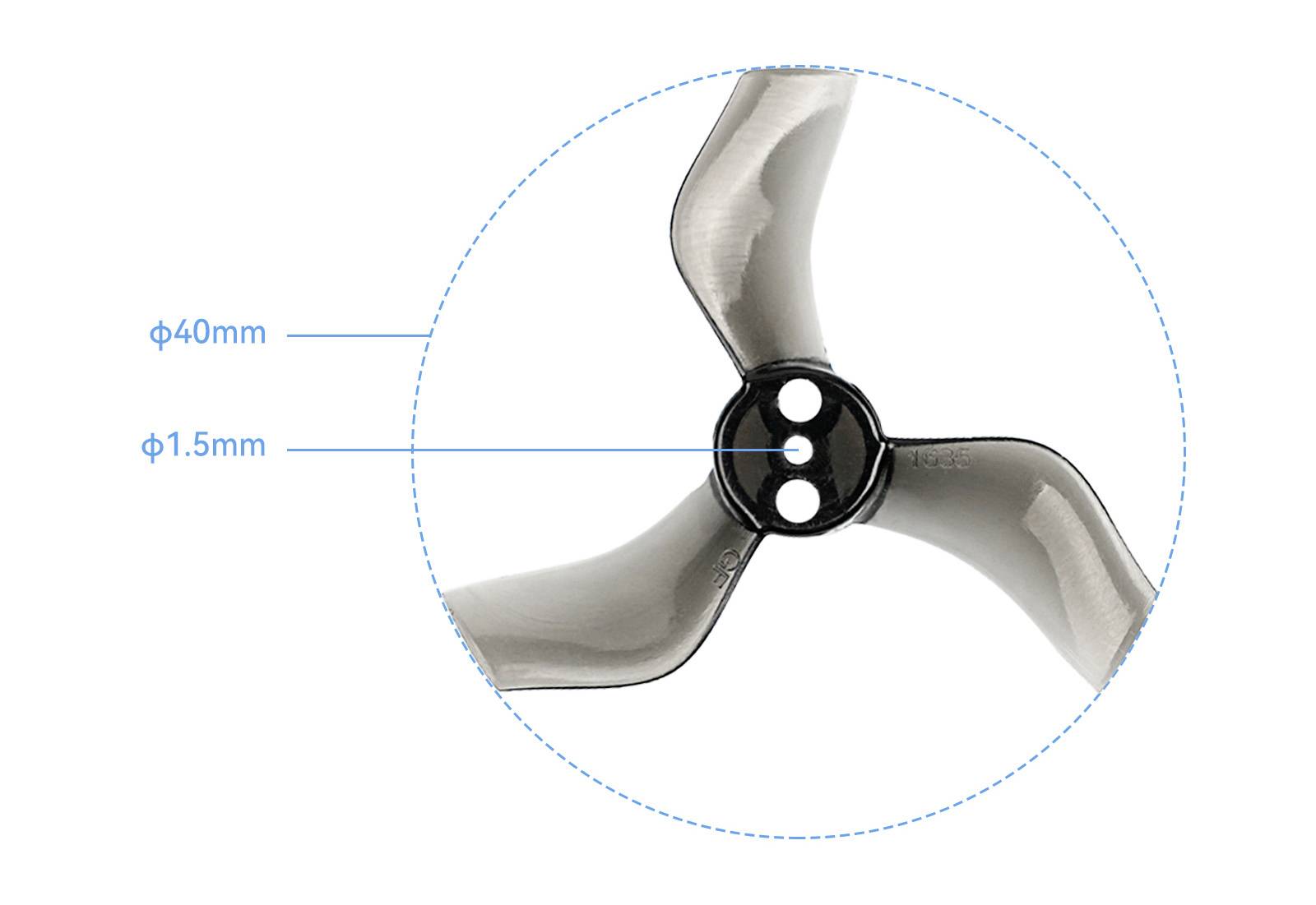Trojlistový vrtuľový list s priemerom 40 mm a hrúbkou 1,5 mm, detailný pohľad zobrazuje štruktúru vrtule.