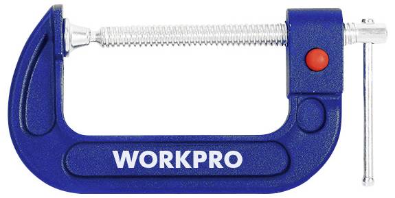 Modrý zverák s nápisom 'WORKPRO'. Skrutkový mechanizmus je strieborný, s rukoväťou vpravo a červeným tlačidlom hore.