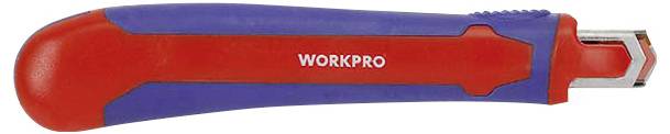 Modrý a červený rezací nôž s nápisom 'WORKPRO' na rukoväti, kovová čepeľ viditeľná na konci.