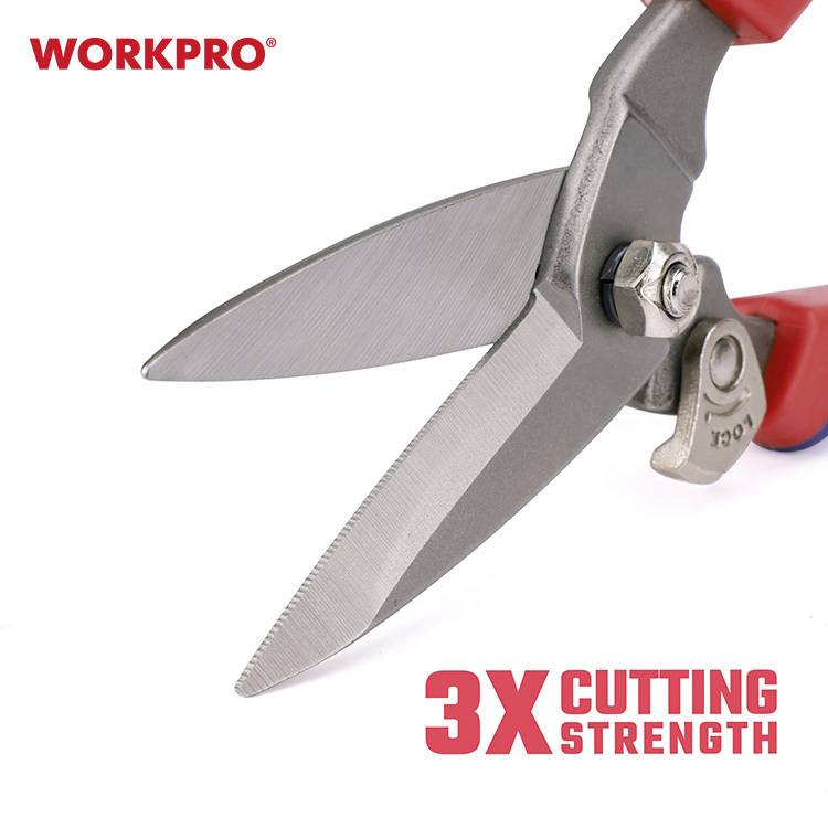 'WORKPRO' Plechové nožnice s trojnásobnou reznou silou. Červené rukoväte, strieborné čepele. Vhodné na robustné strihanie plechu.