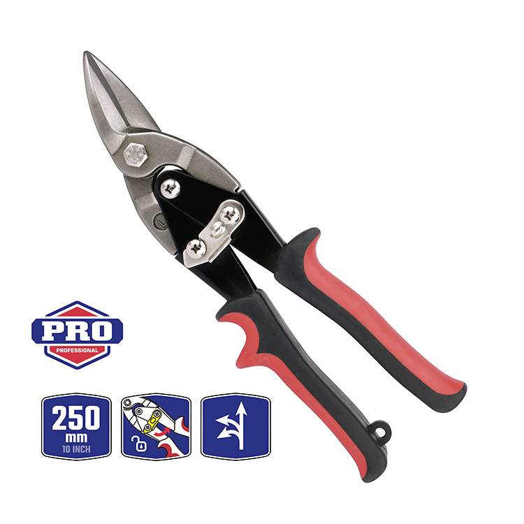 Plech nožnice s červenou a čiernou rukoväťou. Potlač: 'PRO', '250 mm'. Symboly pod nápisom zobrazujú rybu a ikonu strihu.