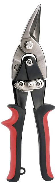 Nožnice na strihanie plechu s ergonomickou rukoväťou a červeno-čiernym dizajnom, vhodné pre presné práce s kovom.