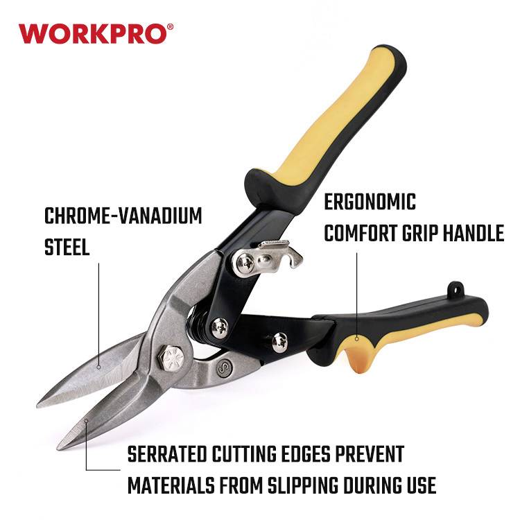 'WORKPRO' plechové nožnice s ergonomickou rukoväťou, vyrobené z chróm-vanádiovej ocele, pílkovité čepele zabraňujú šmyknutiu počas rezania.