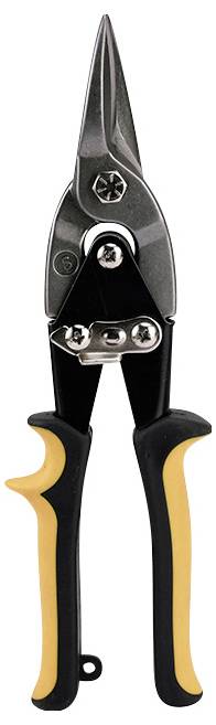 Čierne a žlté kovové nožnice, špeciálne určené na strihanie tenkého plechu alebo kovu, s robustnými zúbkovými čepeľami.