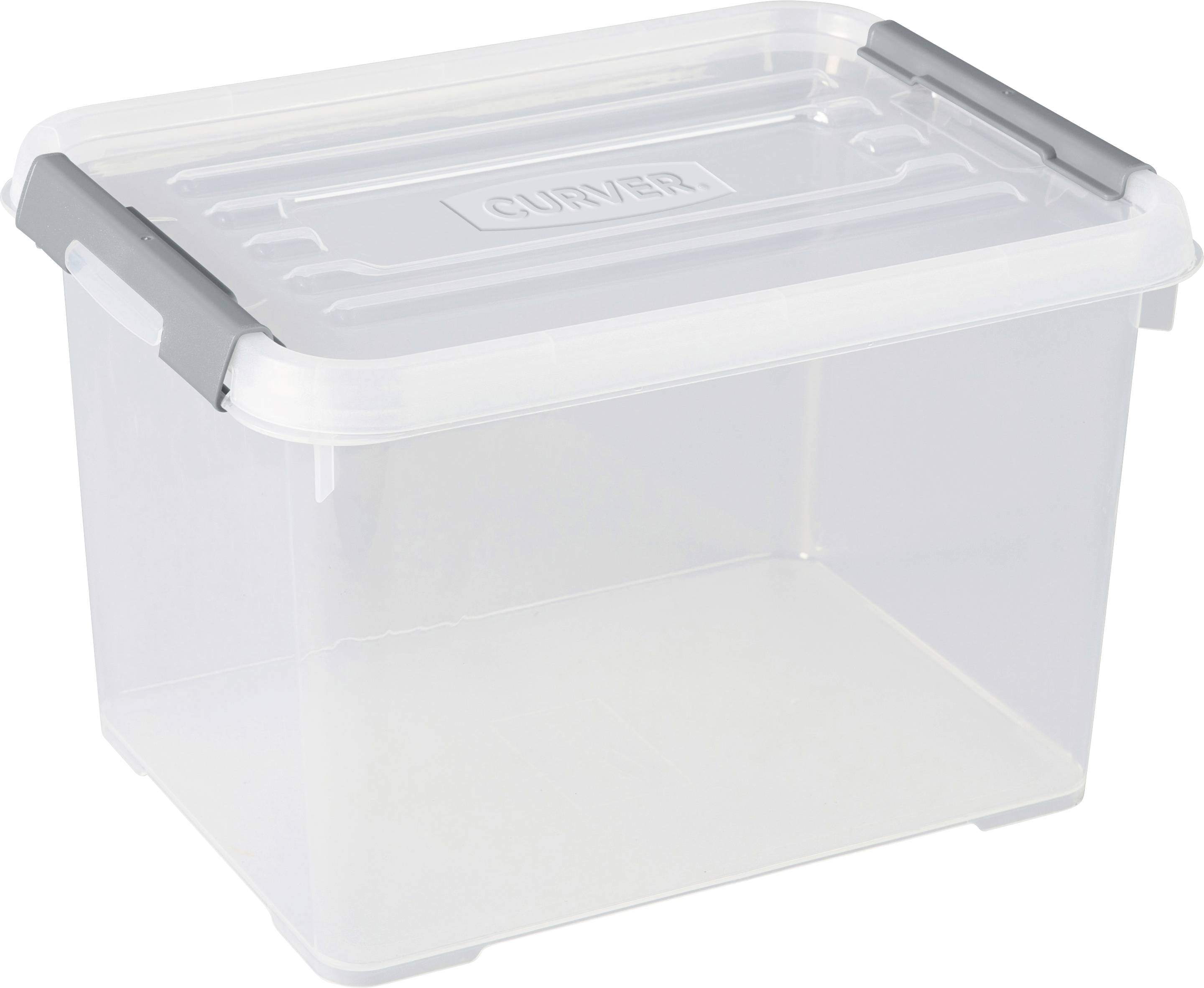 Priehľadný plastový úložný box so sivými rukoväťami a vekom, vhodný na uskladnenie domácich potrieb.