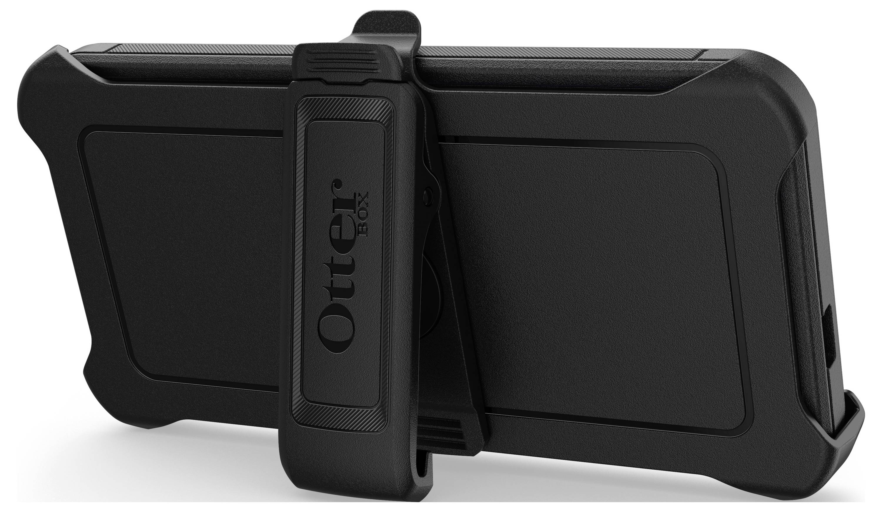 Čierny obal na mobil značky Otterbox s klipom a stojanom, vhodný na ochranu a bezpečné postavenie smartfónu.