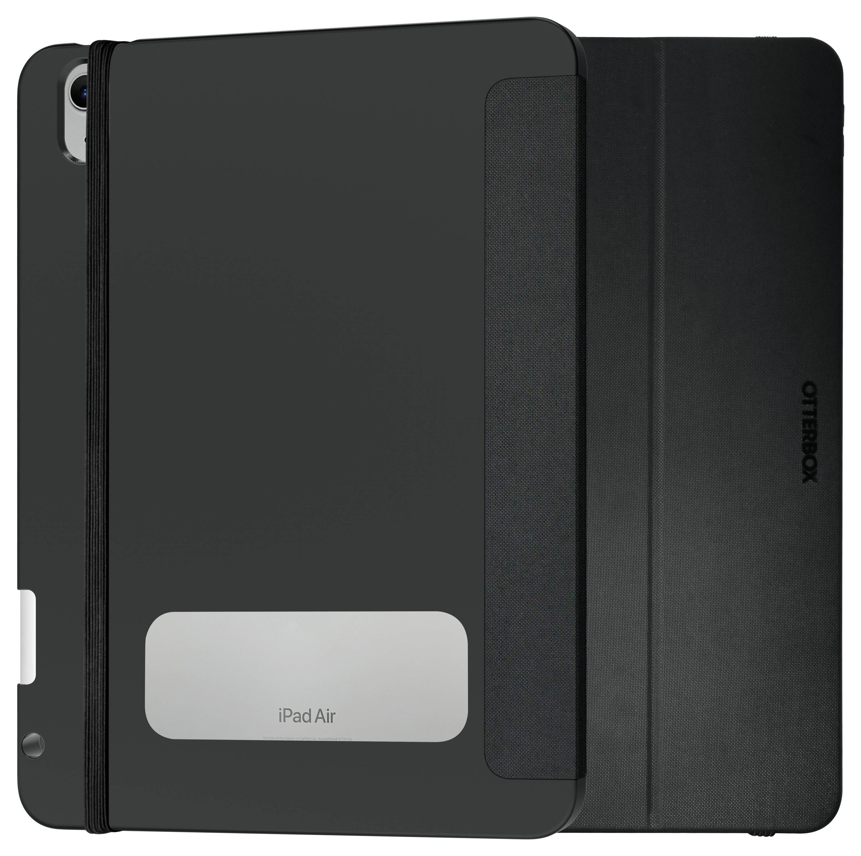 Čierne ochranné púzdro značky OtterBox pre iPad Air, zatvorené a zobrazené v dvoch usporiadaniach, s elastickým páskom.