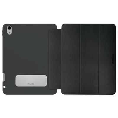 Čierne puzdro na tablet je otvorené, odhaľujúc vnútornú a vonkajšiu stranu. Vľavo je nápis 'iPad Air', vpravo je viditeľný názov značky. Minimalistický dizajn.