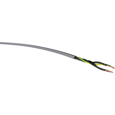 Trojžilový elektrický kábel so sivou izoláciou, obsahujúci medené vodiče v farbách čierna, zeleno-žltá a hnedá.