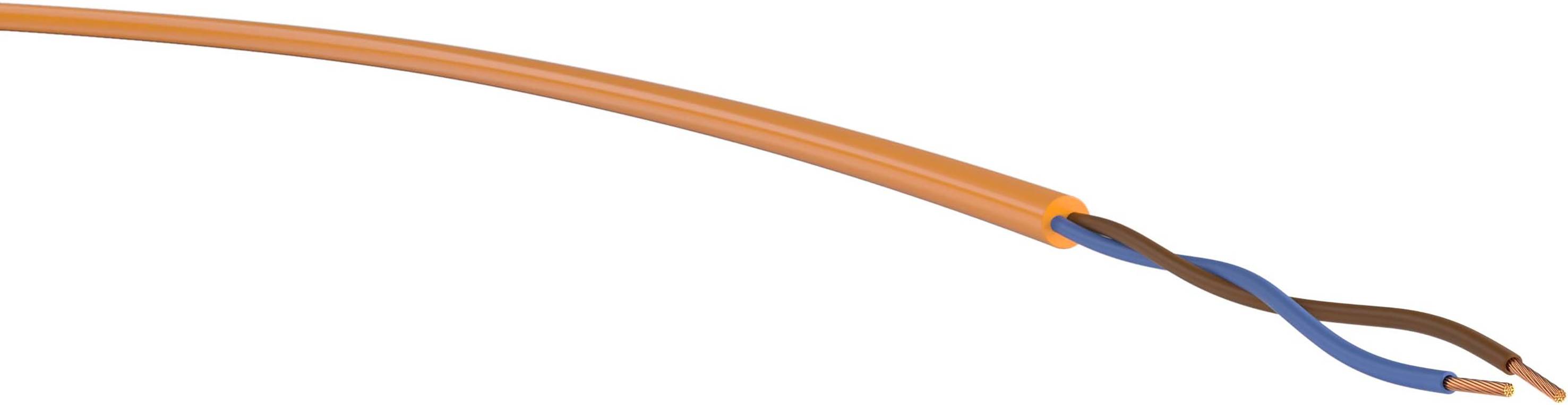 Skrútený kábel s dvoma vodičmi, modrým a hnedým, v oranžovom plášti.